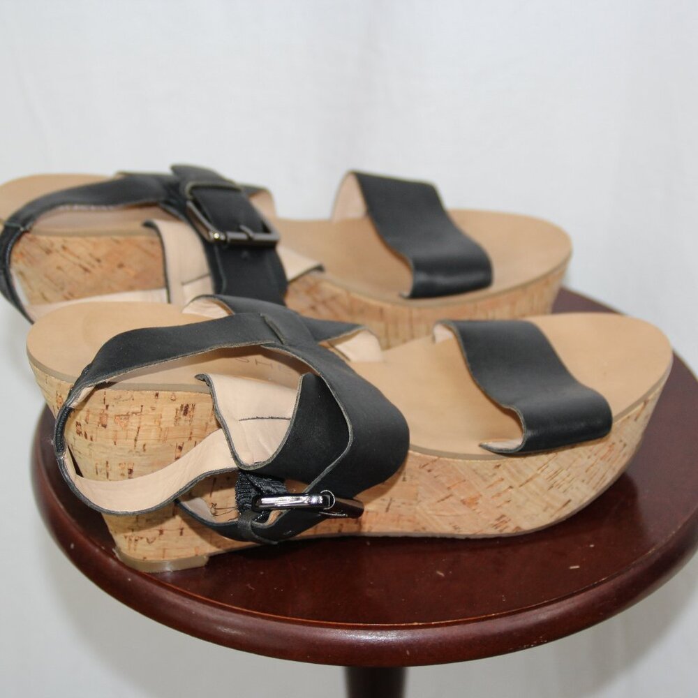 Marc Fisher Black Wedge Sandals Size 9 Leather Upper Platform Buckle